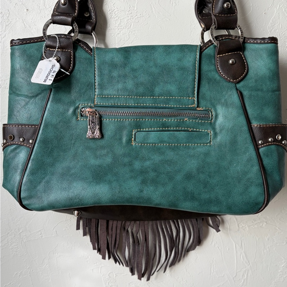 Trinity Ranch Western Studded Fringe Tote Teal Brown Leather NWT - Picture 7 of 16